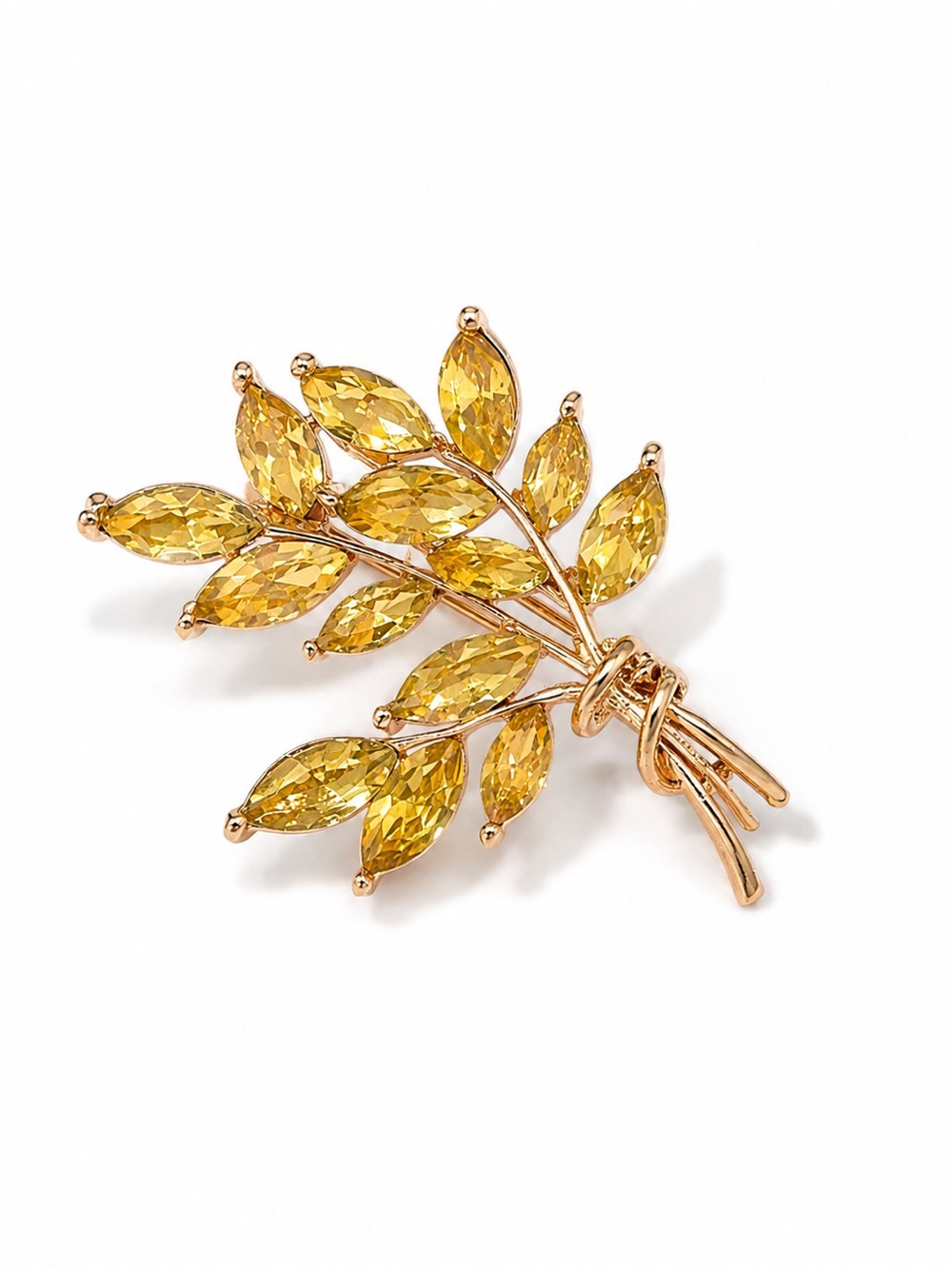 Golden Yellow Crystal Leaf Branch Brooch – Gold Tone Statement Pin